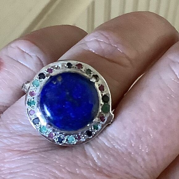 Sterling SILVER 925 LAPIS SURROUNDED EMERALD RUBY BLUE SAPPHIRE RING SIZE US 7.5 - Picture 3 of 8
